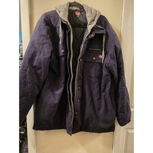 Wrangler Workwear Jacket Mens Blue Hooded Chore Coat Quilt Lined Snap Zip XL - Picture 7 of 9